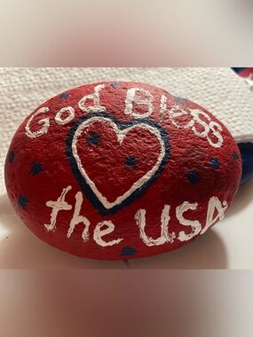 Hand-Painted Red Patriotic Heart Rock - God Bless the USA